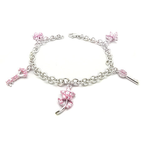 Pink CZ Key Flower on Rhodium Plated Sterling Silver Charm Bracelet 7" - 8" - Silver Insanity