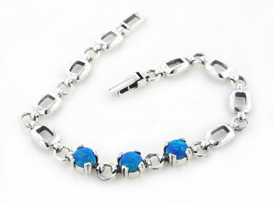 Sterling Silver 3-Stone Simulated Blue Opal Link Bracelet 7" - Silver Insanity
