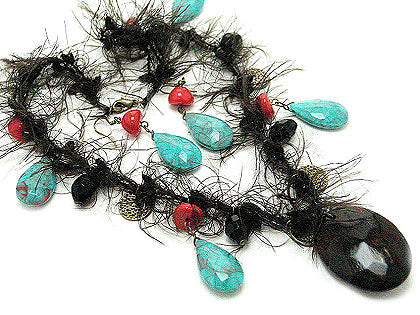 Black Fuzzy Necklace with Synthetic Turquoise Earrings - Silver Insanity