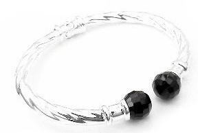 Hinged Sterling Silver Black Onyx Cable Cuff Bracelet - Silver Insanity