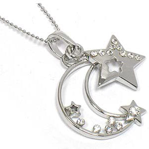 Celestial Crystal Crescent Moon and Star Pendant 18" Necklace - Silver Insanity