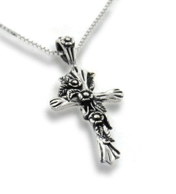 Sterling Silver Rose Vine with Leaves Cross Pendant 16" Chain Necklace - Silver Insanity