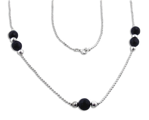 Faceted Black Onyx and Sterling Silver 42" Beaded Necklace - Silver Insanity