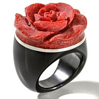 Red Sponge Coral Carved Rose, Sterling Silver, and Black Onyx Band Ring - Silver Insanity