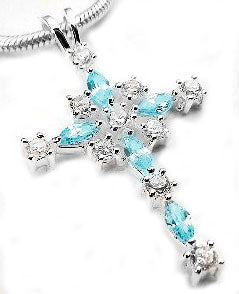 Sterling Silver White and Teal Blue Crystal Cross Pendant - Silver Insanity