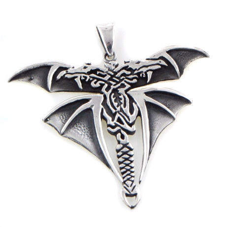 Gothic Styled Sterling Silver Double Headed Winged Dragon Pendant - Silver Insanity