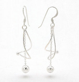 Twisted Spiral with Chain and Ball Drop Dangle Sterling Silver Hook Earrings - Silver Insanity
