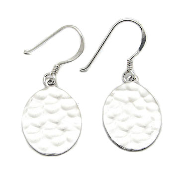 Hammered Finish Sterling Silver Metal Oval Disc Hook Earrings - Silver Insanity
