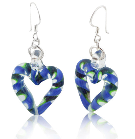 Blue and Green Twisted Glass Open Heart Sterling Silver Earrings - Silver Insanity