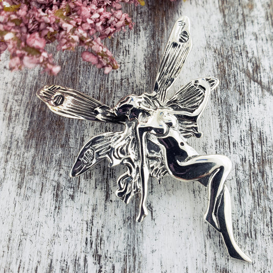 Sterling Silver Large Detailed Fairy Faery Pin Brooch