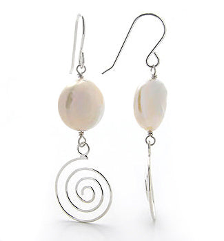 Spiral Sterling Silver Earrings with 12mm Coin Cultured Freshwater Pearls - Silver Insanity