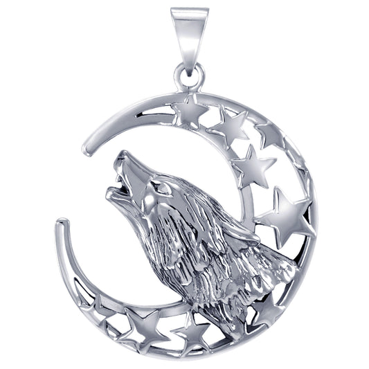 Howling Wolf at Moon Sterling Silver Pendant Necklace - Silver Insanity
