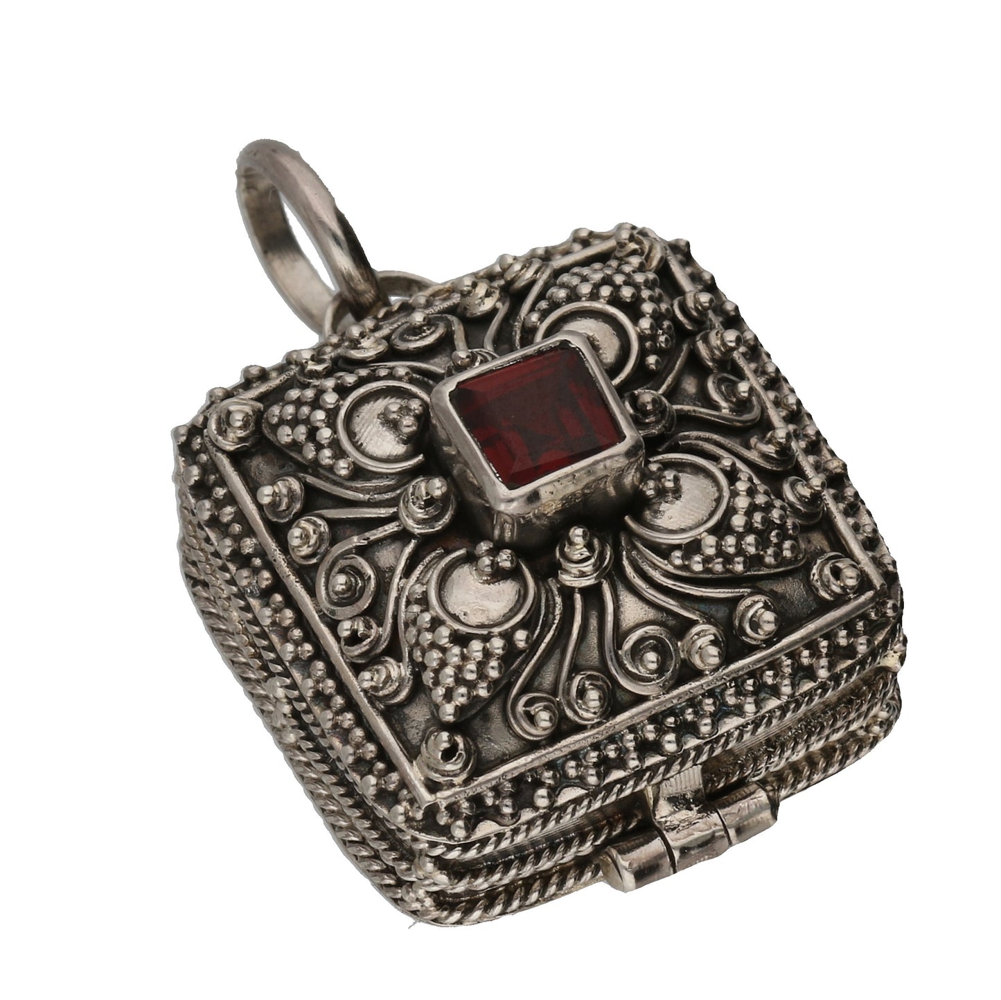 Garnet and Sterling Silver Square Poison Box Locket Pendant
