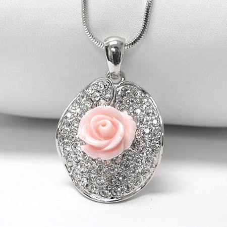 Pink Rose on Crystal Lillypad Pendant White Gold Plated Necklace 16" - Silver Insanity