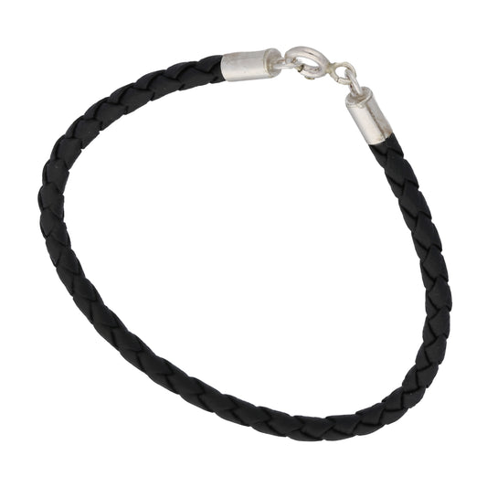 Sterling Silver Black Braided Synthetic Leather Bracelet - 7.5" - Silver Insanity