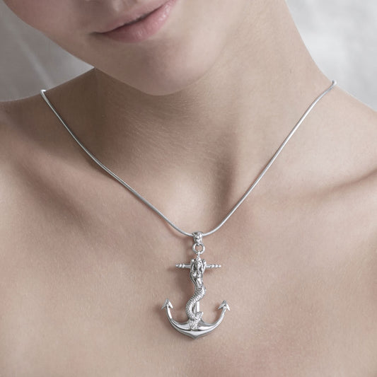 Siren of the Sea Naughty Mermaid on Anchor Large Sterling Silver Nautical Pendant - Silver Insanity