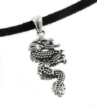 Sterling Silver Serpent Dragon Pendant on Adjustable Black Suede Cord Necklace - Silver Insanity