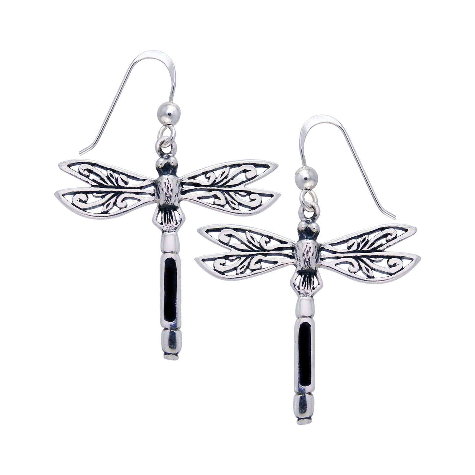 Sterling Silver Filigree Dragonfly Black Stone Inlay Earrings - Silver Insanity
