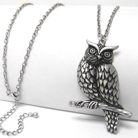 Large Owl Guardian on Tree Branch Antiqued Pendant with Long 30" Chain Necklace - Silver Insanity