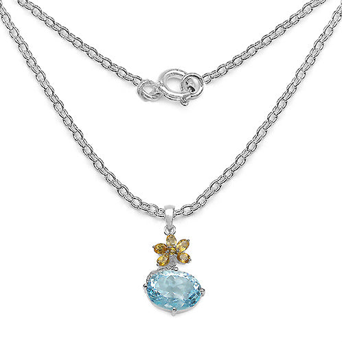 Blue Topaz & Citrine Flower Sterling Silver Pendant Necklace - Silver Insanity
