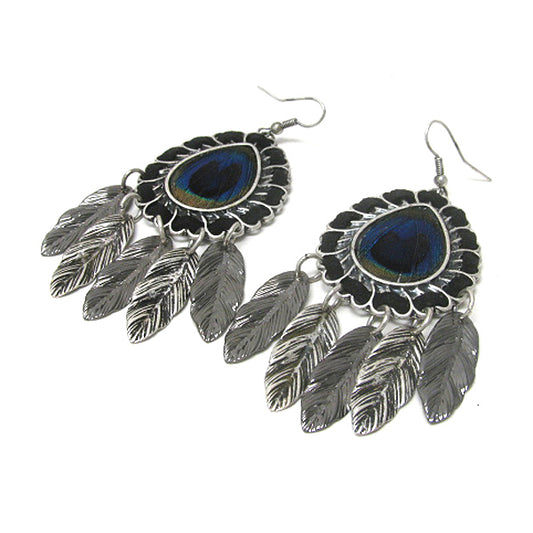 Dangling Leaves and Threaded Suede Fabric Peacock Feather Earrings - Silver Insanity