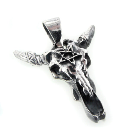 Longhorn Steer Skull and Pentacle Native American Indian Sterling Silver Pendant - Silver Insanity