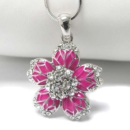 Plumeria Flower Bright Pink with Crystal Pendant White Gold Plated Necklace 16" - Silver Insanity