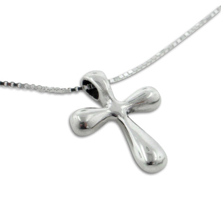 Classy Curved Sterling Silver Puffed Cross Pendant 18" Chain Necklace - Silver Insanity