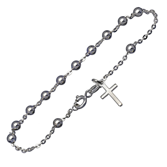 Catholic Italian Sterling Silver Rosary Beads Cross Bracelet 7.5" - Silver Insanity