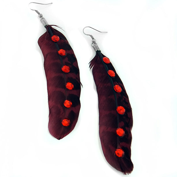 Maroon Feathers with Red Crystals Hippie Dangle Earrings - Extra Large - Silver Insanity