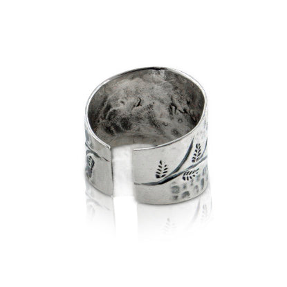 Flower Sprig Hammered Finish Adjustable Thumb Ring Sterling Silver - Silver Insanity