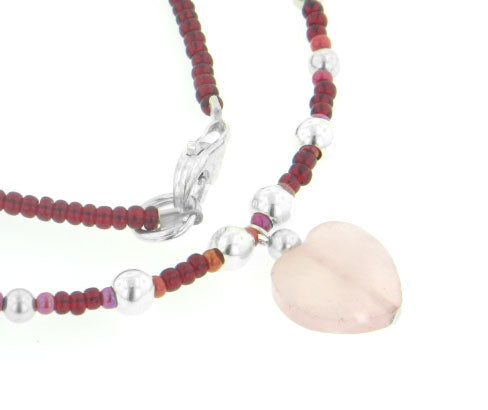 Sterling Silver Rose Quartz Heart and Red Seed Beaded 16" Choker Necklace - Silver Insanity