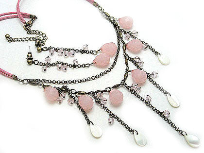 White Shell and Pink Beaded Drops Suede Chain Necklace - Silver Insanity