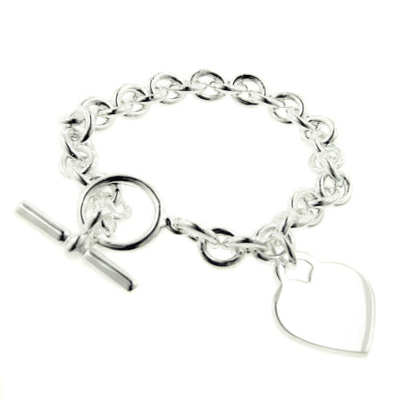 Heavy Sterling Silver Rolo Heart Charm Toggle Bracelet - 7.5" - Silver Insanity