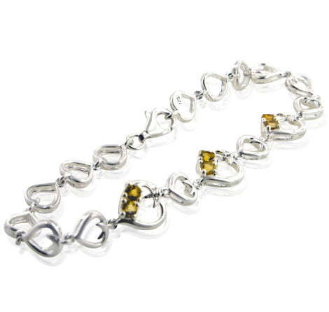 Genuine Citrine and Linked Hearts Sterling Silver Bracelet 7" - Silver Insanity