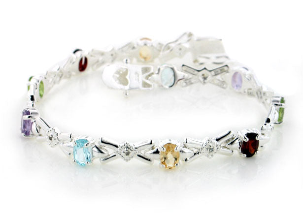 Sterling Silver Blue Topaz, Amethyst, Peridot, Citrine, Garnet Gemstone Bracelet - Silver Insanity