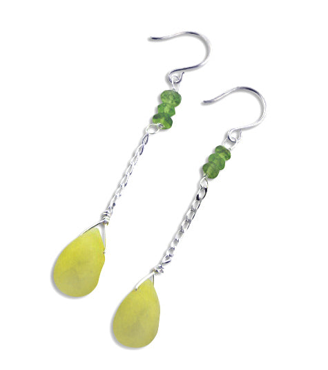 Lemon Drop Long Sterling Silver Hook Earrings with Genuine Peridot and Jade - Silver Insanity