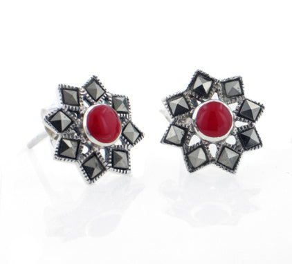 Starburst Stud Earrings Marcasite Coral Sterling Silver - Silver Insanity