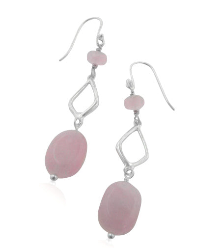 Handcrafted Diamond-Link and Pink Rose Quartz Sterling Silver Hook Earrings - Silver Insanity