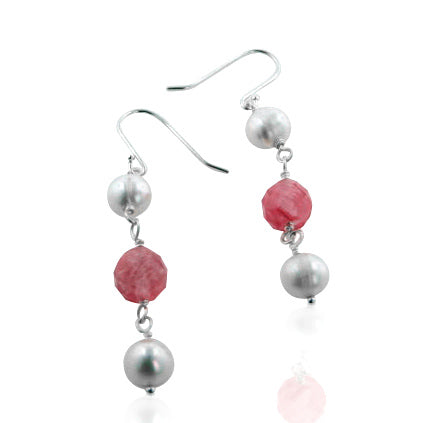 Cultured Pearl and Watermelon Pink Crystal Sterling Silver Beaded Earrings - Silver Insanity