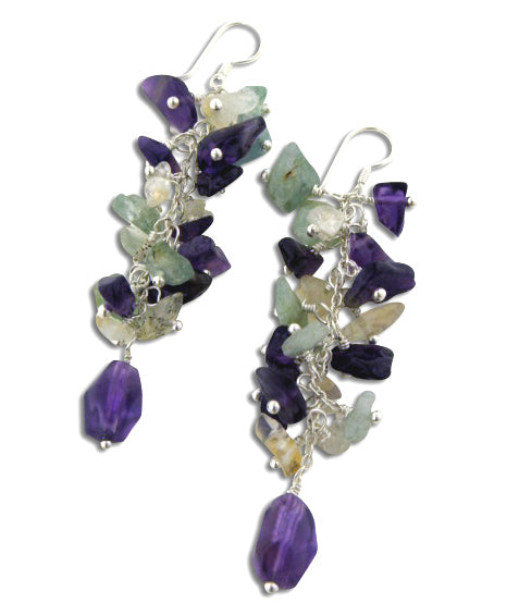 Long Genuine Amethyst, Citrine, and Blue Topaz Beaded Sterling Silver Earrings - Silver Insanity