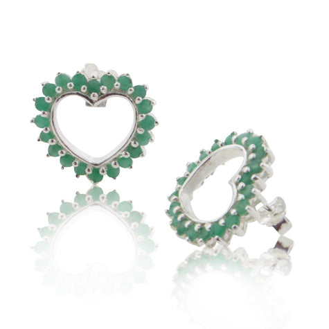 Large Sterling Silver 3cttw Genuine Emerald Open Heart Stud Earrings - Silver Insanity