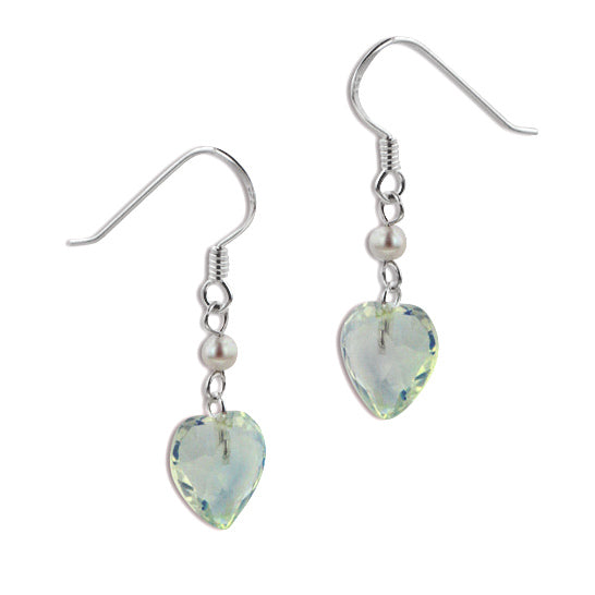 Aurora Borealis Crystal Heart and Pearl Bead Sterling Silver Hook Earrings - Silver Insanity