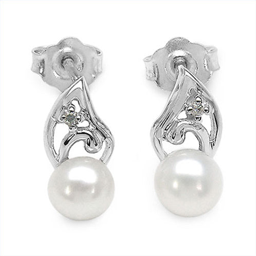 Genuine Pearl & CZ Gemstone Rhodium Plated Sterling Silver Post Stud Earrings - Silver Insanity