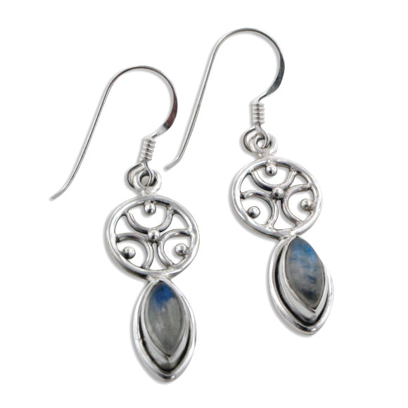 Greek Omega Symbol and Marquise Rainbow Moonstone Sterling Silver Earrings - Silver Insanity
