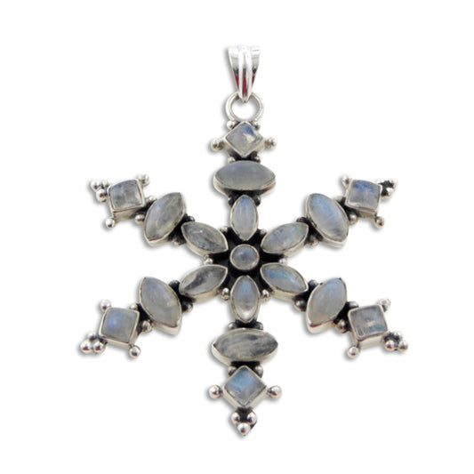 Huge Stunning Sterling Silver Genuine Rainbow Moonstone Snowflake Pendant - Silver Insanity