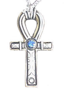 Silver-Tone Pewter Egyptian Ankh with Blue Crystal Pendant Necklace - Silver Insanity