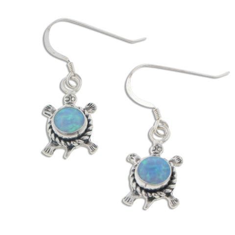 Southwestern Style Sterling Silver Blue Created Opal Turtle Hook Earrings - Silver Insanity