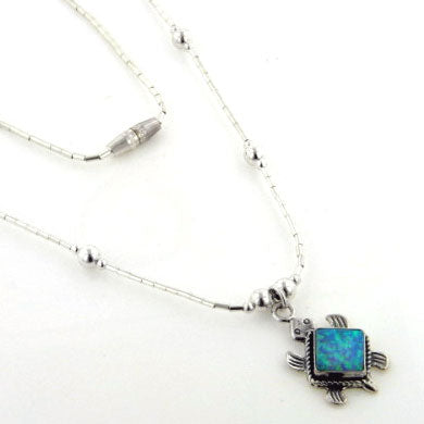 Sterling Silver Liquid Chain Blue Opal Turtle Necklace - Silver Insanity