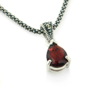 Sterling Silver Antiqued Marcasite Garnet 16" Necklace - Silver Insanity